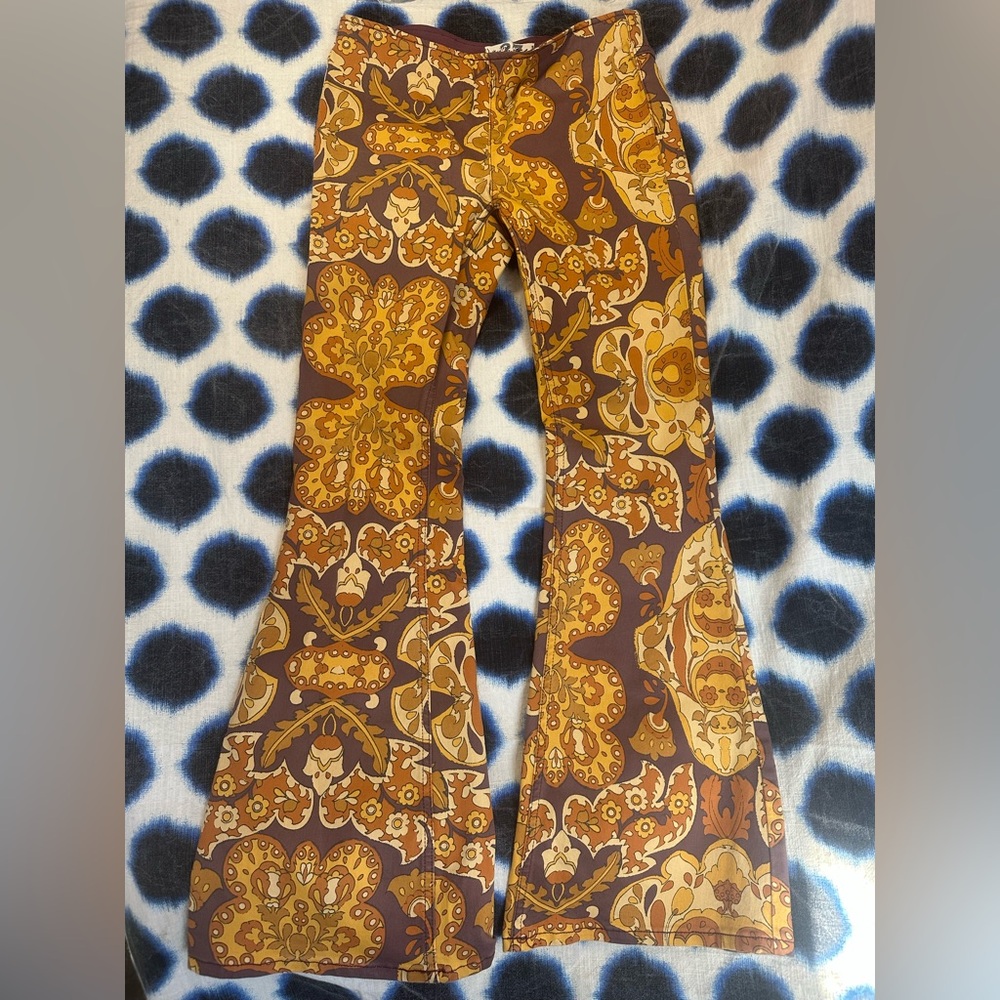 We The Free Psychedelic Penny Pull On Flare Mustard and Brown Floral Pants